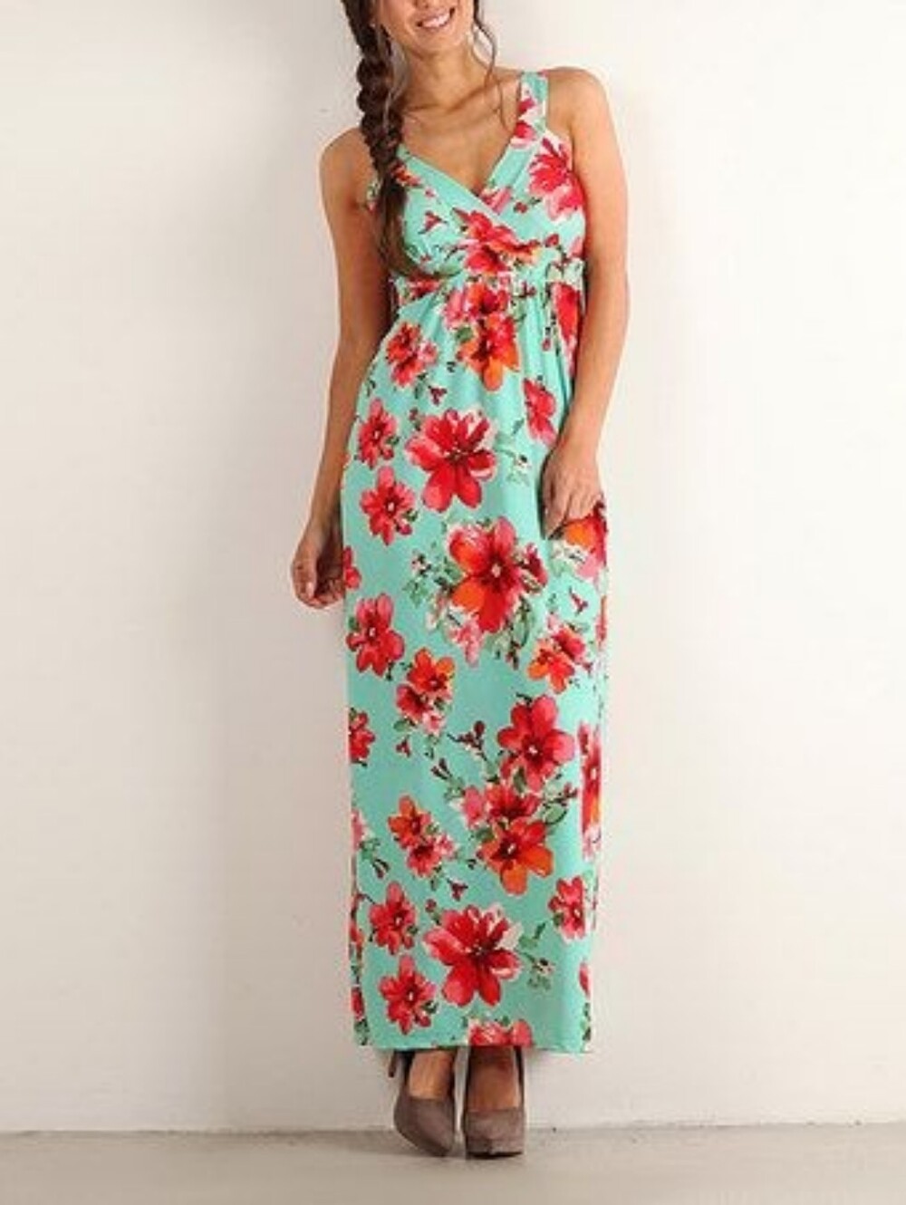 Turquoise Floral Maxi Dress with Pink-Red Blooms